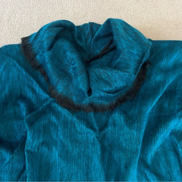 Blue Black Inca Wool Woven Poncho - turtleneck with fringe - Picture 3 of 9